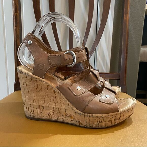 Born Shoes Brown Tan Strappy Cork Wedge Sandals - Picture 1 of 10